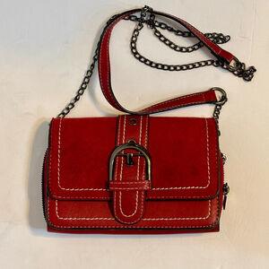 Red Suede & Faux Leather Double Zip Crossbody Bag Chain Strap Y2K Moto Buckle